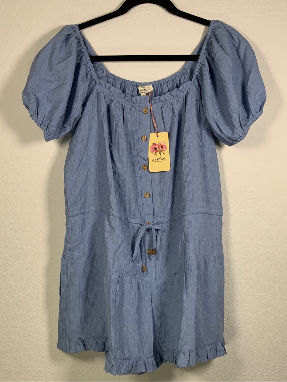 🆕 entro Light Blue Puff Sleeve Romper with Button Front